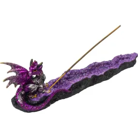 12.25" Polyresin Incense Holder - Purple Dragon on Geode