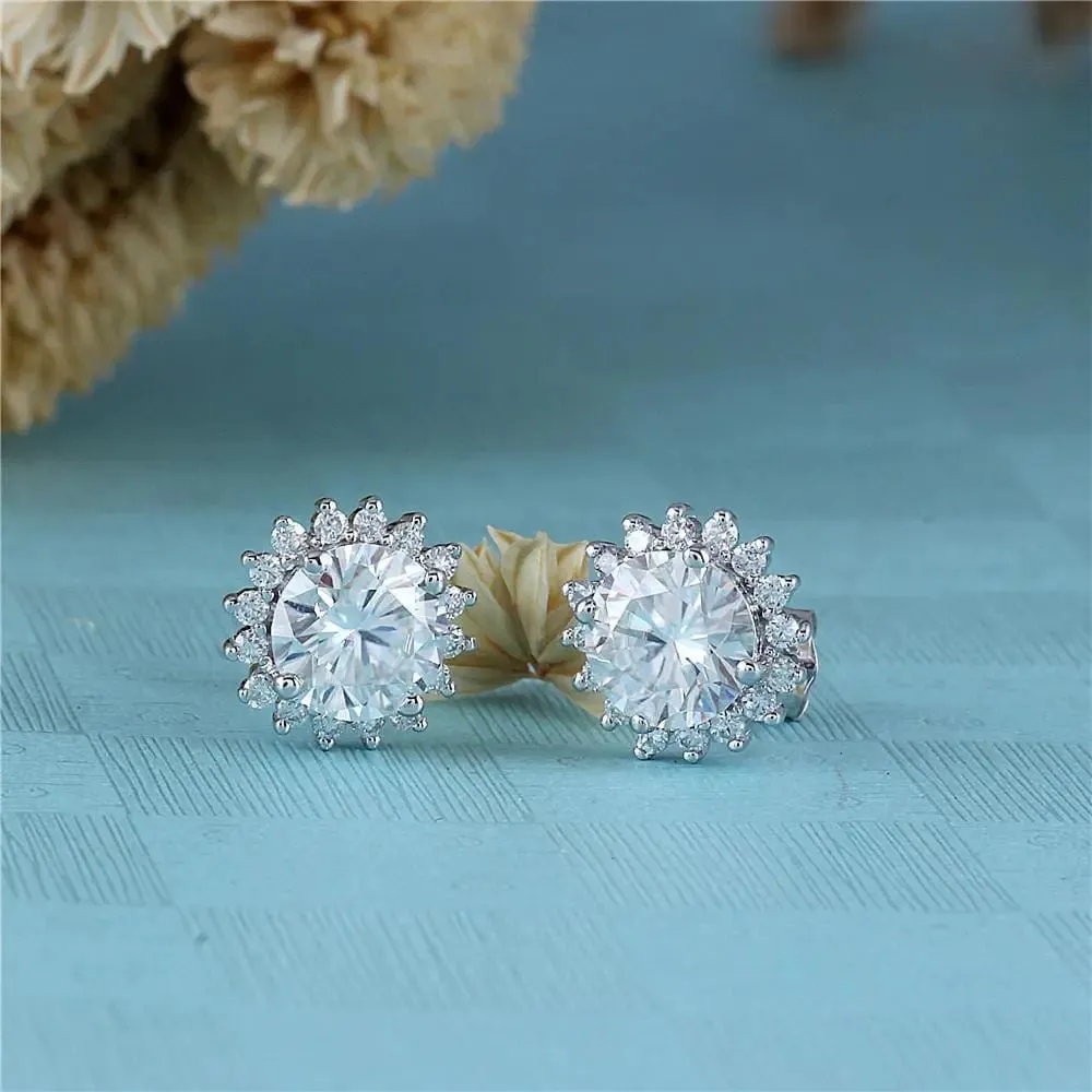 14k White Gold Halo Moissanite Stud Earrings 2.32ctw