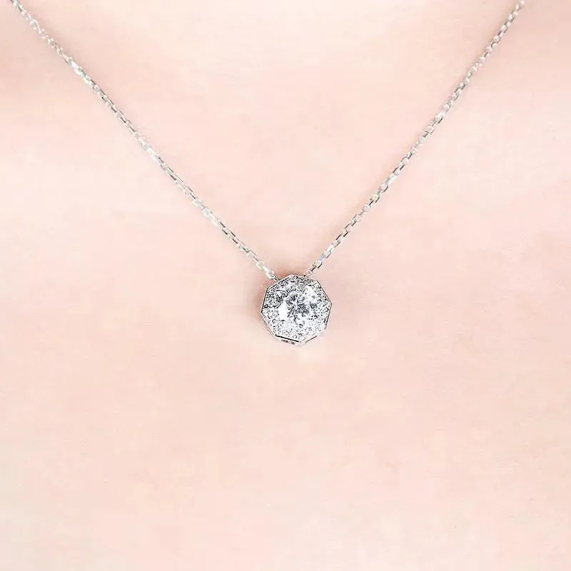 14k White Gold Octagon Cut Moissanite Necklace 1ct Center Stone