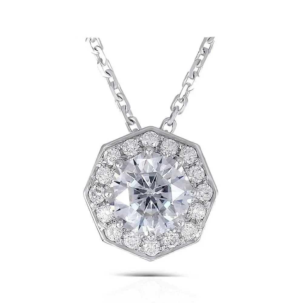 14k White Gold Octagon Cut Moissanite Necklace 1ct Center Stone