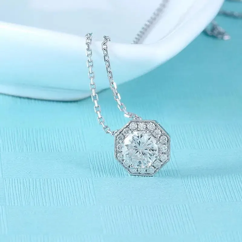 14k White Gold Octagon Cut Moissanite Necklace 1ct Center Stone