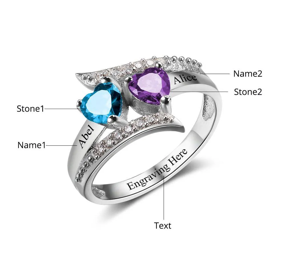 2 Birthstone Mother's Ring Vintage Design 2 Engraved Names