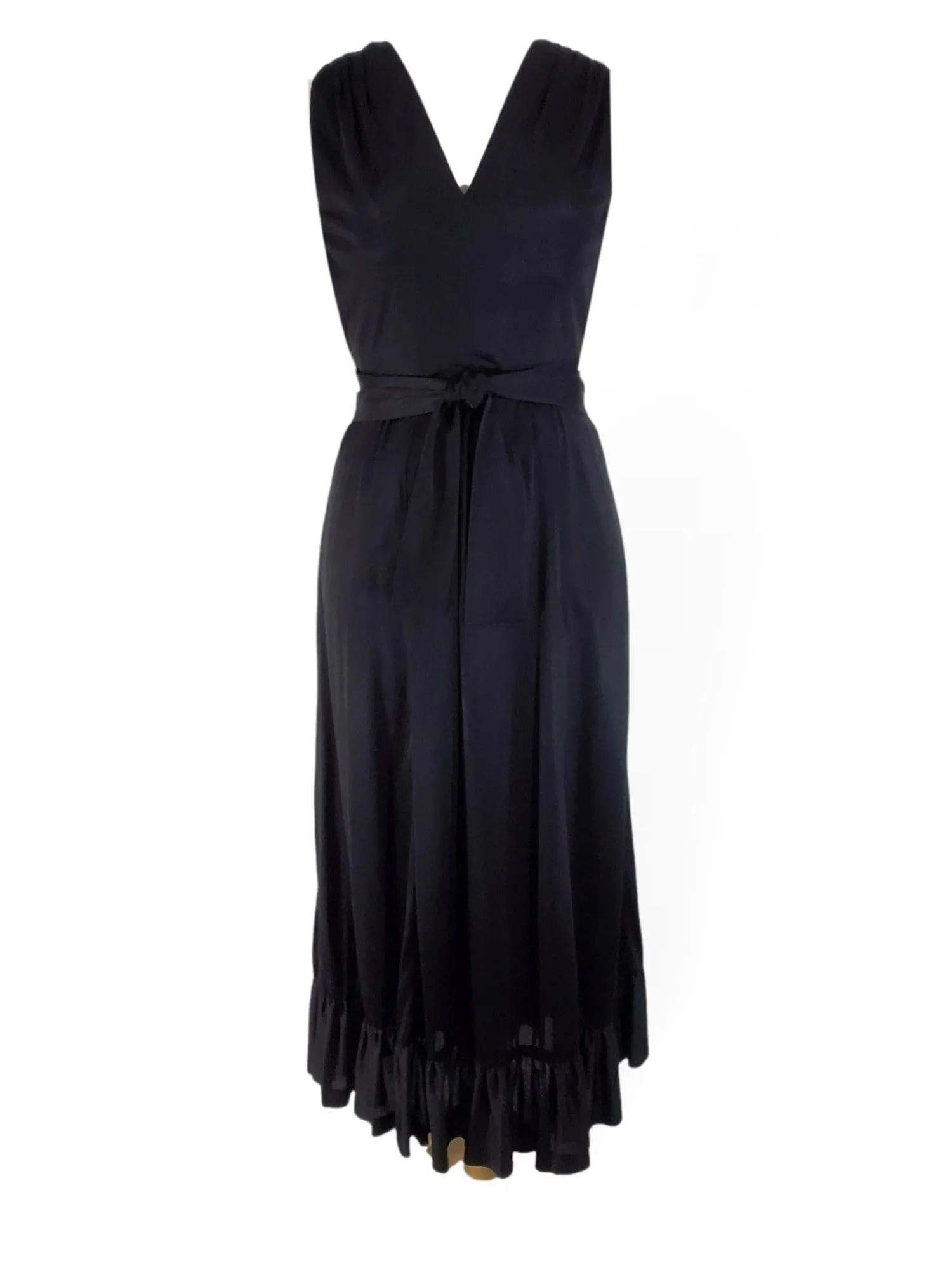 70s Black Ruffle Hem Dress - med