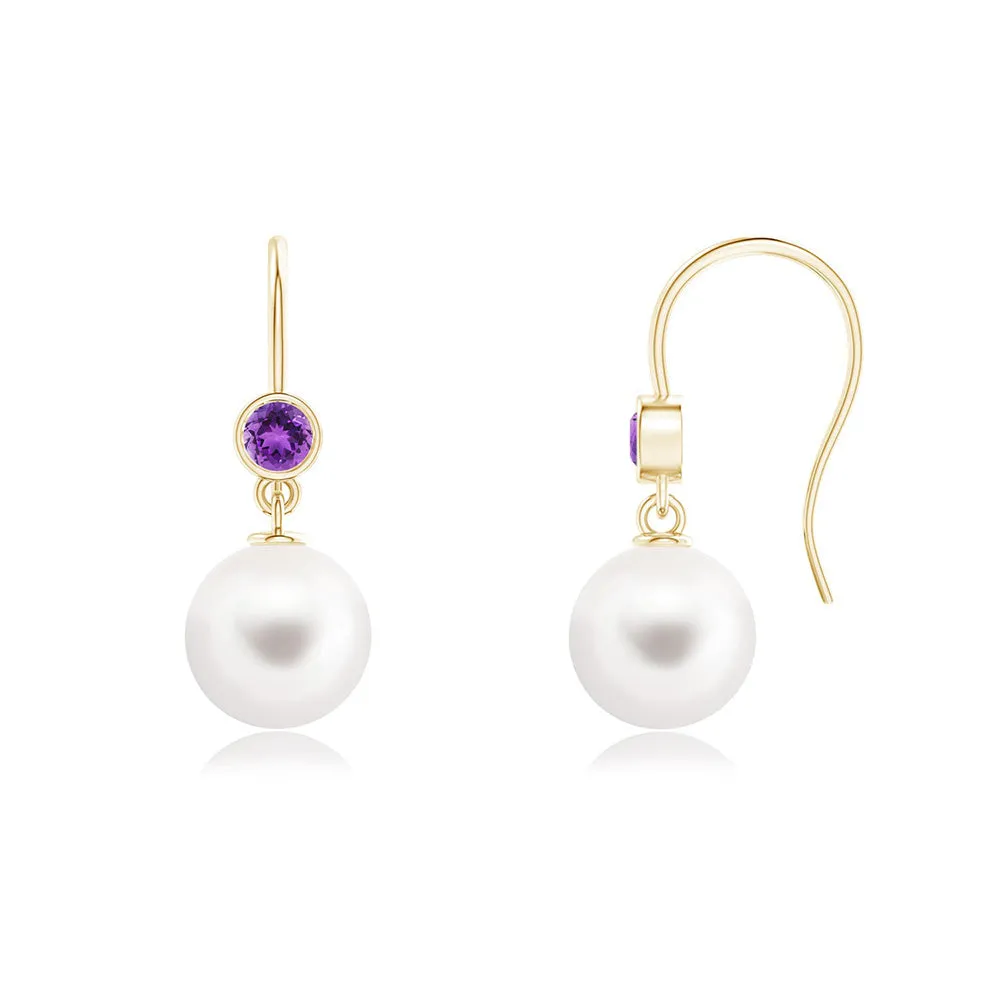 8mm Freshwater Cultured Pearl Earrings with Bezel Set Amethyst