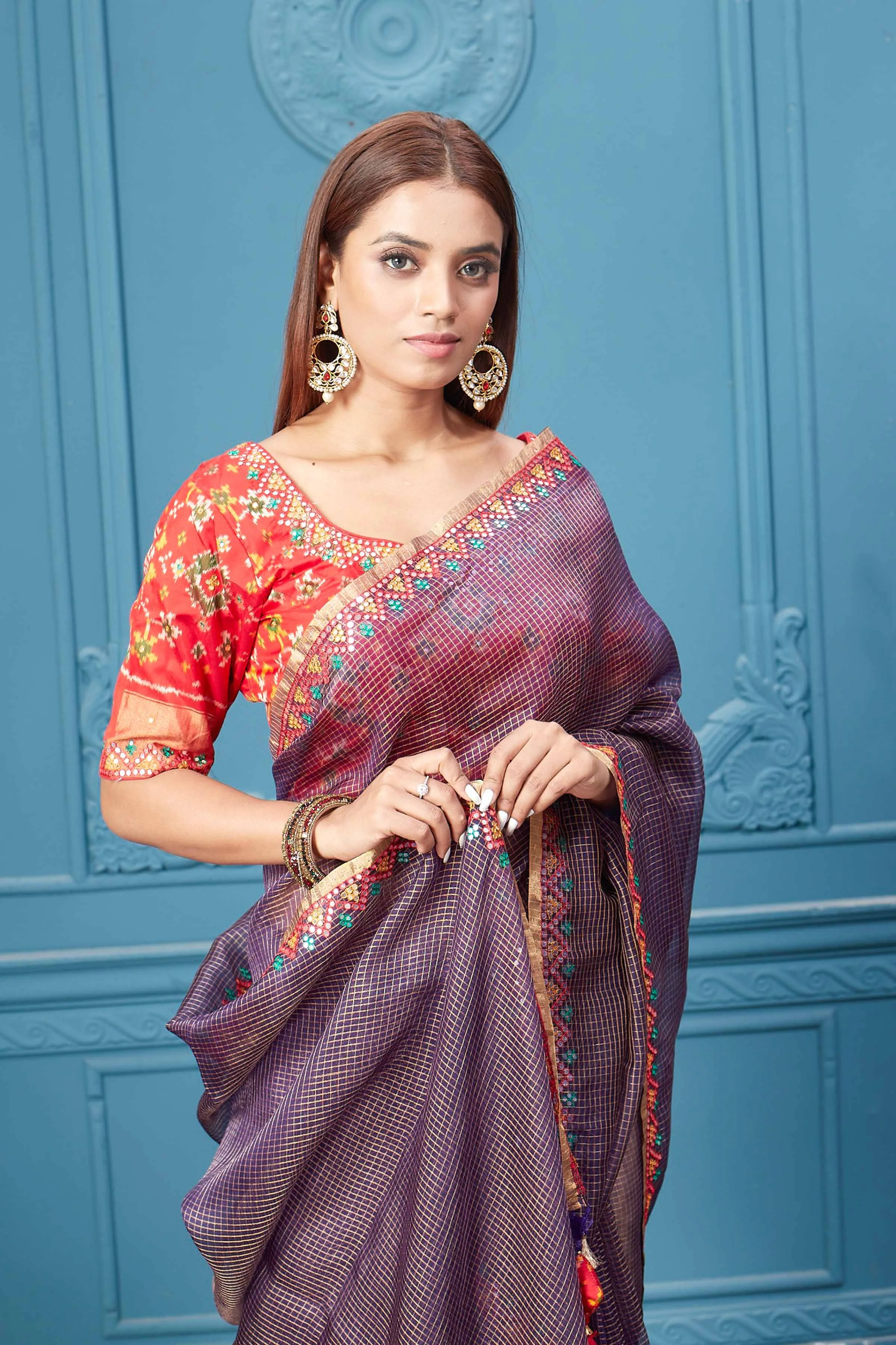 91A049 Purple Check Organza Silk Sari with Red Embroidered Blouse