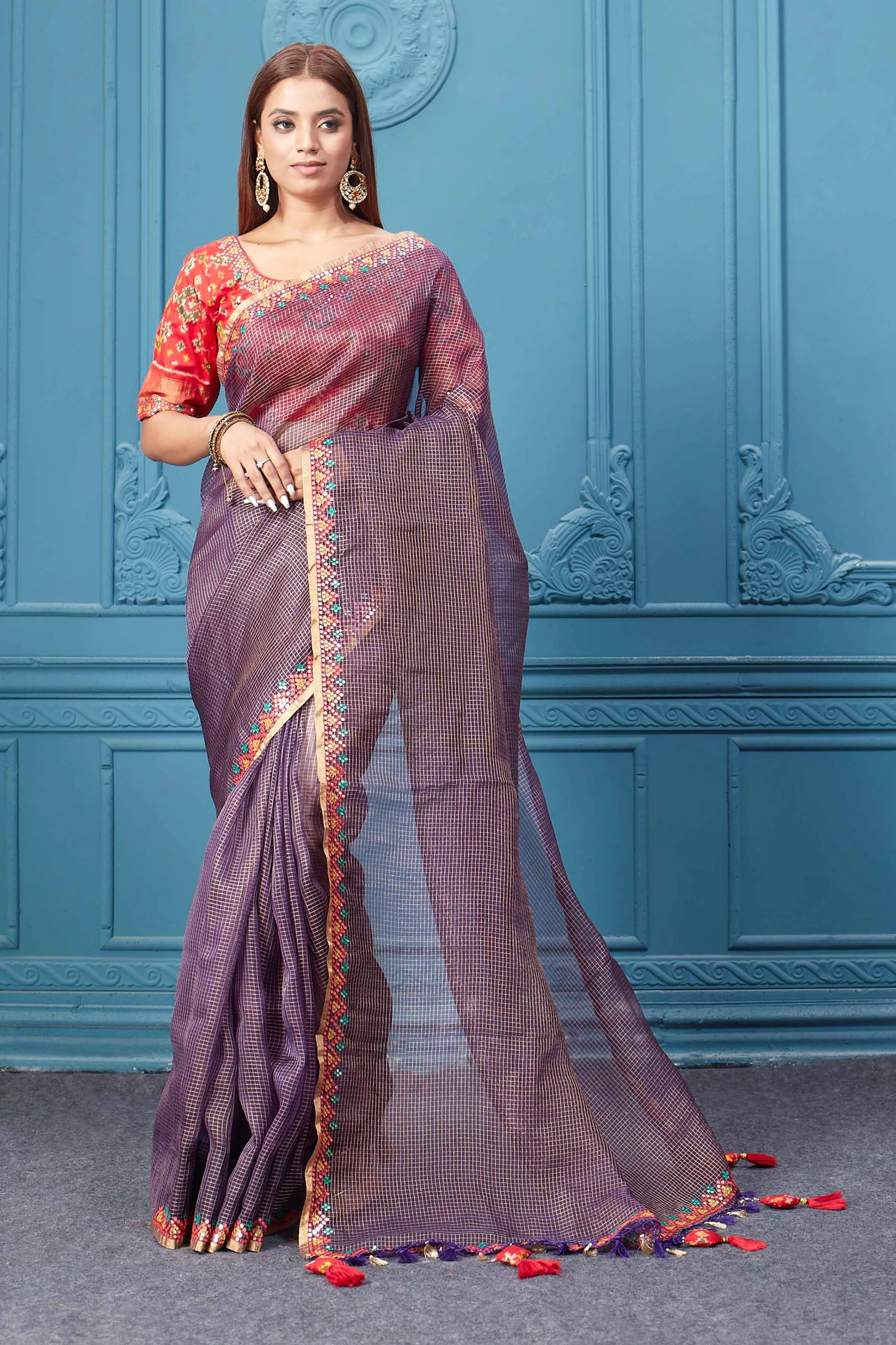 91A049 Purple Check Organza Silk Sari with Red Embroidered Blouse