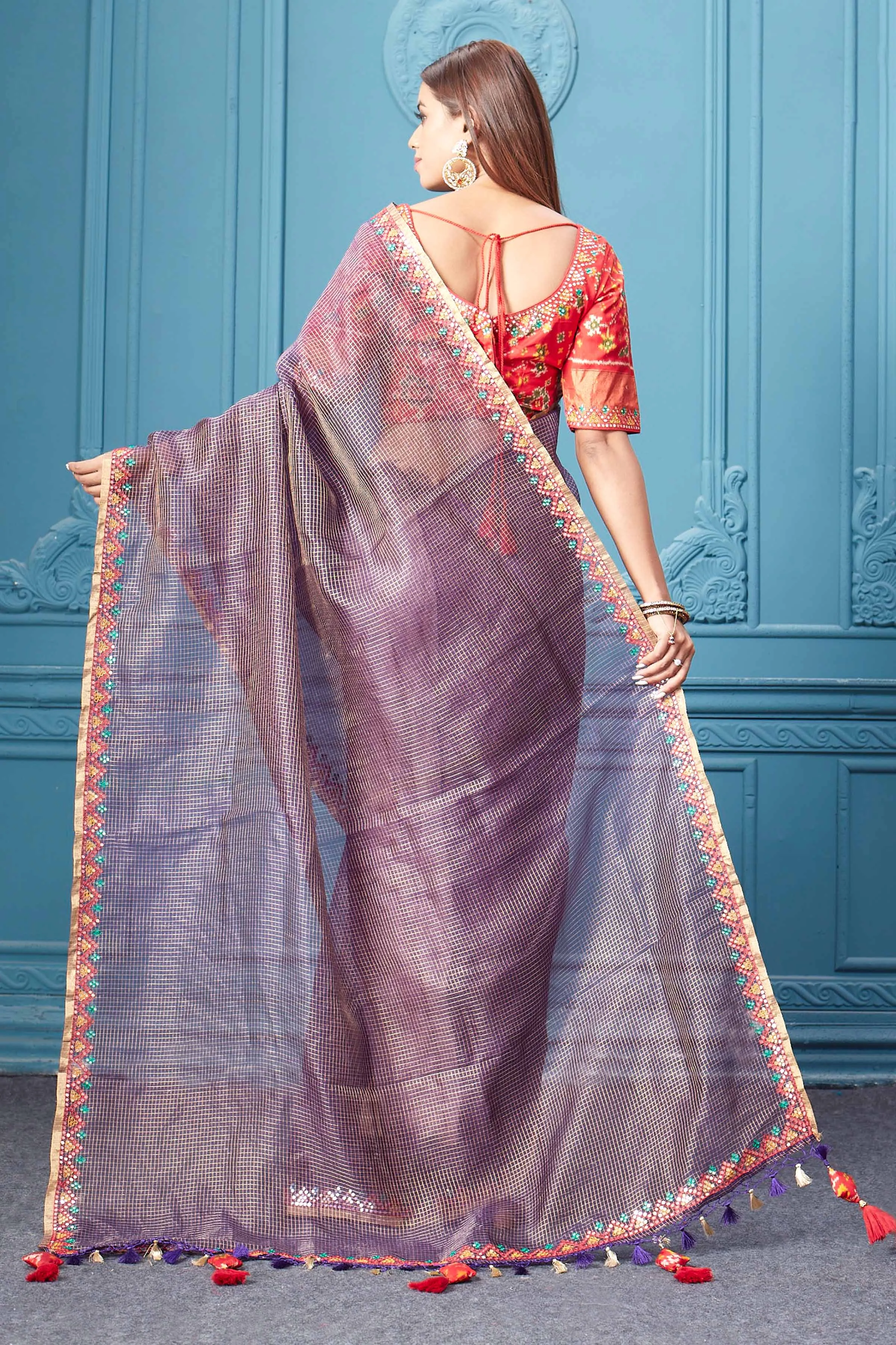 91A049 Purple Check Organza Silk Sari with Red Embroidered Blouse