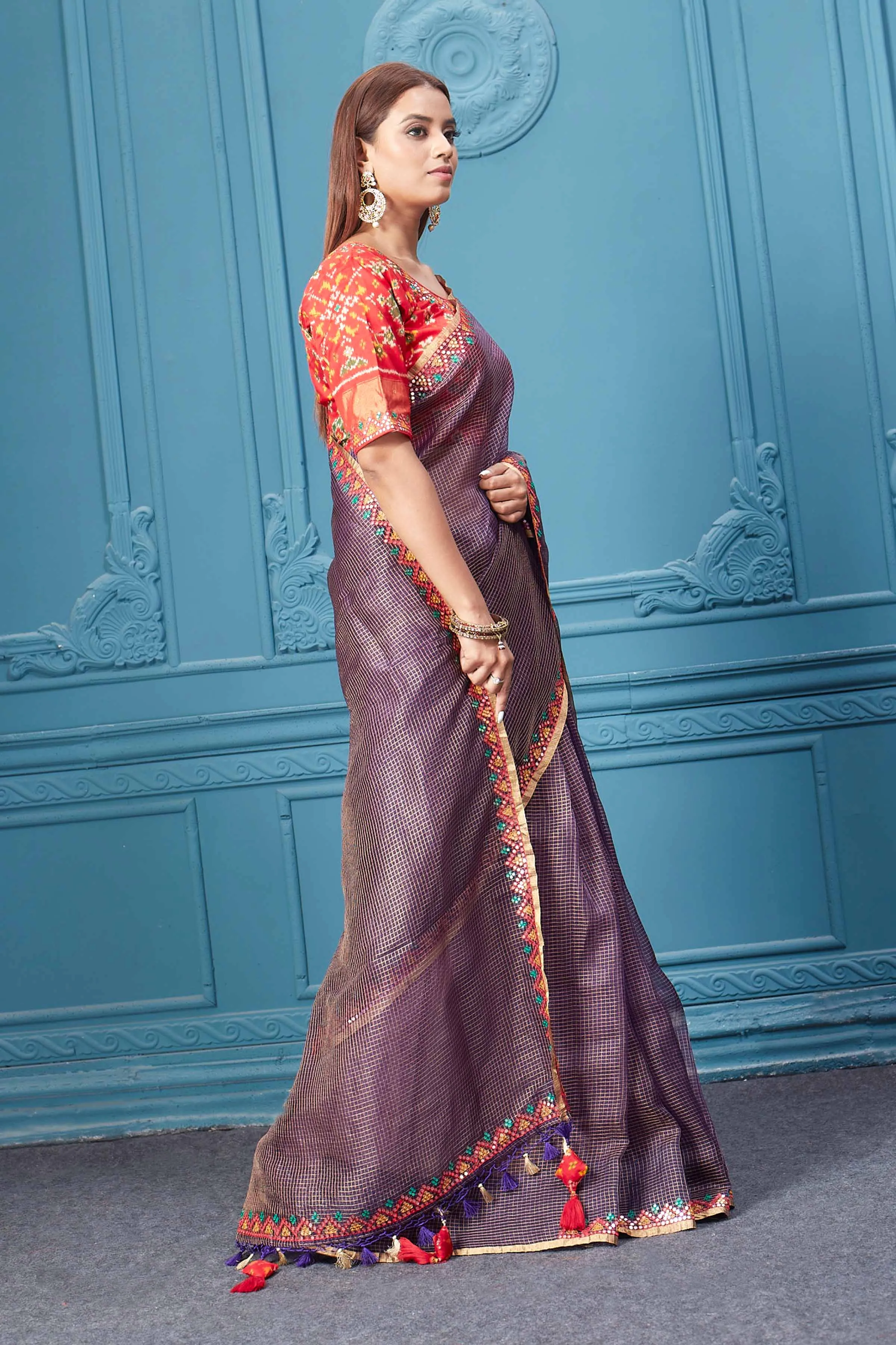 91A049 Purple Check Organza Silk Sari with Red Embroidered Blouse