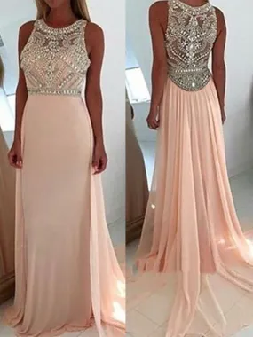 A Line Round Neck Light Pink Long Prom Dress, Pink Long Formal Dress, Graduation Dress