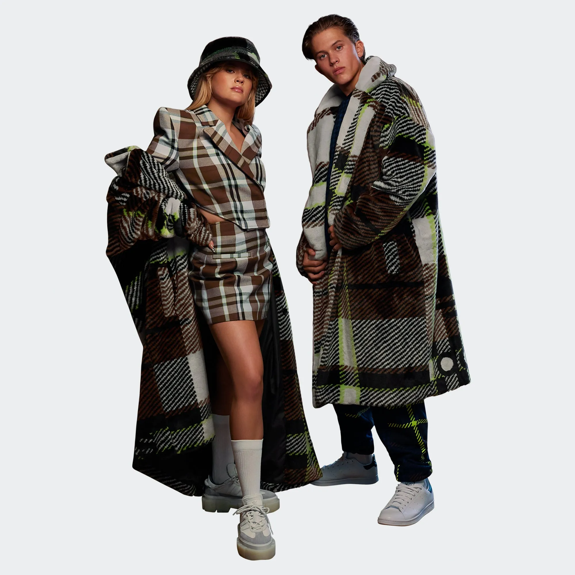 Adidas x Ivy Park Long Plaid Faux Fur Jacket 'Clear grey/Brown/blk'