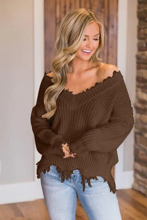 Amelia Frayed Hem Dropped Shoulder Sweater