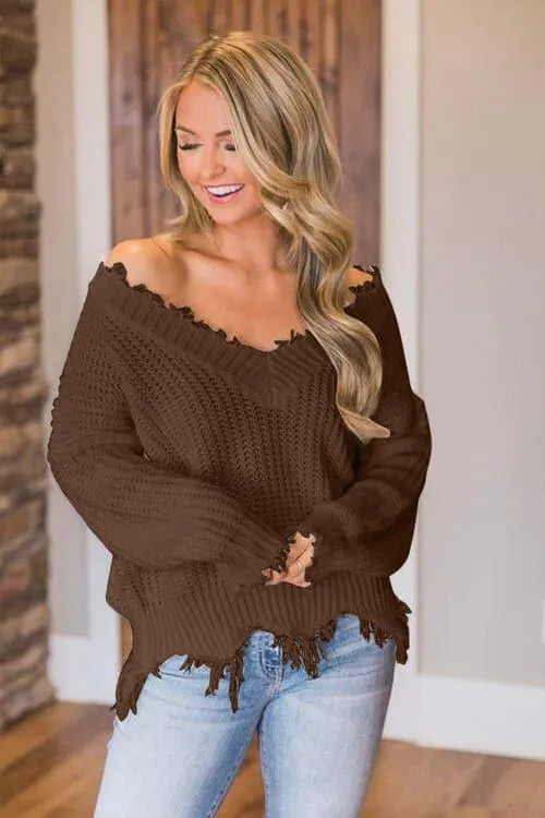 Amelia Frayed Hem Dropped Shoulder Sweater