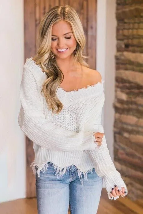 Amelia Frayed Hem Dropped Shoulder Sweater