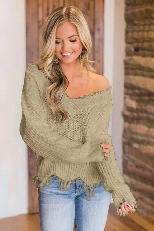 Amelia Frayed Hem Dropped Shoulder Sweater