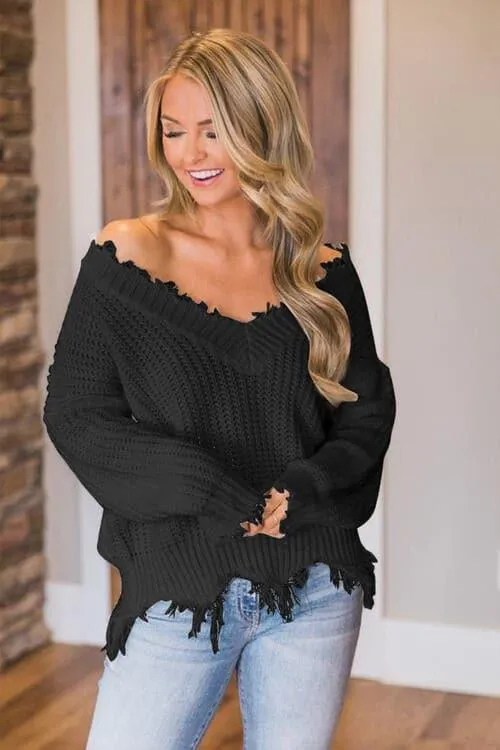 Amelia Frayed Hem Dropped Shoulder Sweater