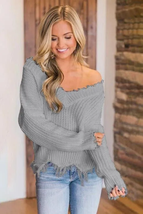 Amelia Frayed Hem Dropped Shoulder Sweater