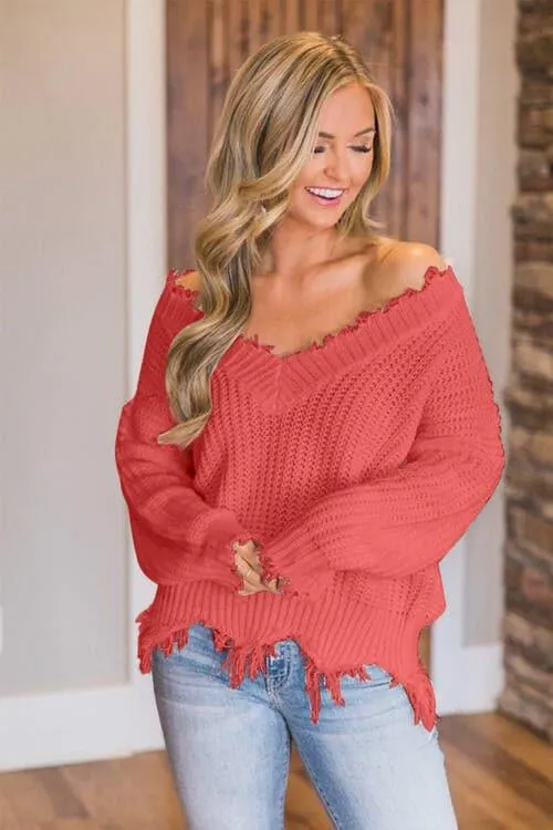 Amelia Frayed Hem Dropped Shoulder Sweater