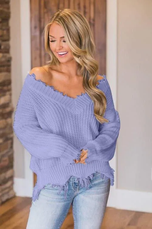 Amelia Frayed Hem Dropped Shoulder Sweater