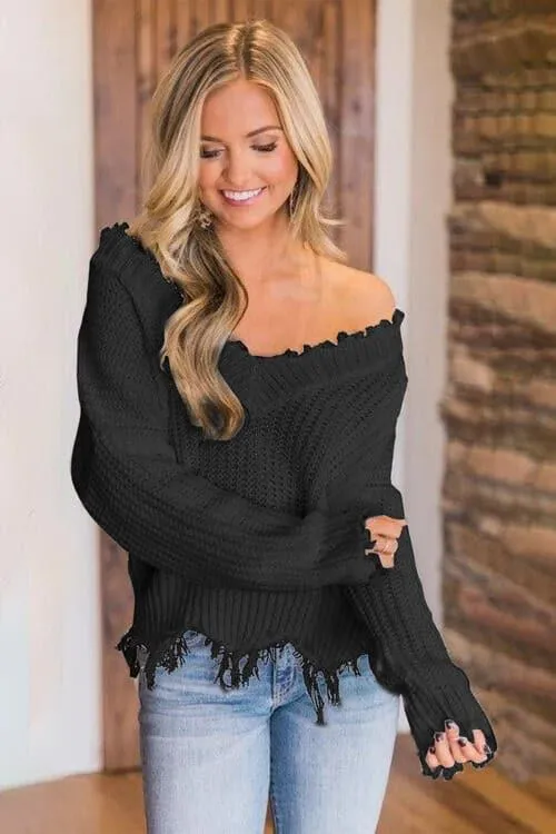 Amelia Frayed Hem Dropped Shoulder Sweater