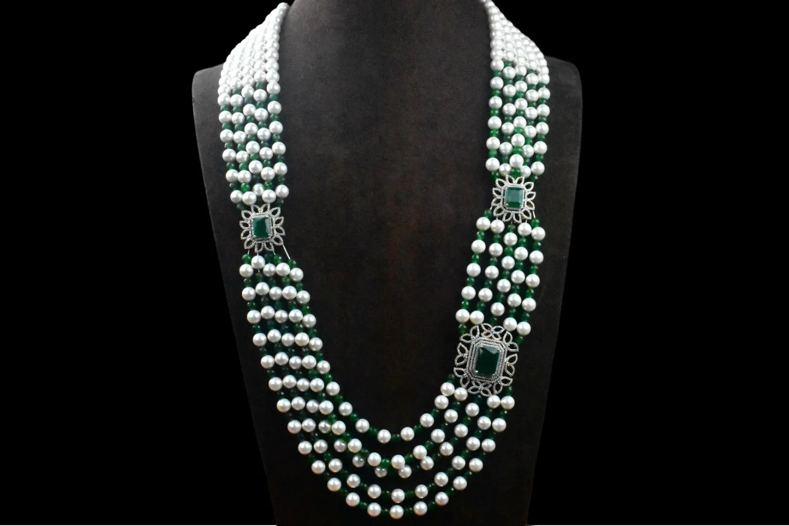 American Diamond Side Brooch With Pearls, Emralds Beads Rani Haar Necklace Set By Asp Fashion Jewellery