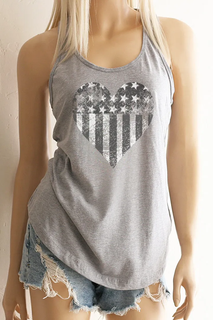 American Flag Heart Grey Racerback Tank Top