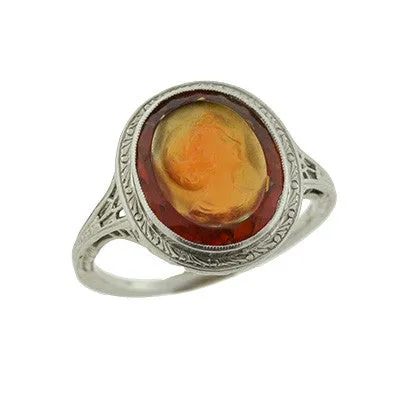 Art Deco 18kt Carved Citrine Cameo Filigree Ring