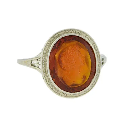 Art Deco 18kt Carved Citrine Cameo Filigree Ring