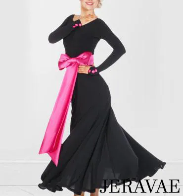 Ballroom Practice Dress with Contrasting Belt and Bow, Long Sleeves, and Soft Hem Sizes S-2XL PRA 292