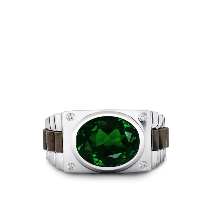 Birthstone Ring for Man Green Emerald and DIAMONDS in 10K Gold Anniversary Gift for Husband