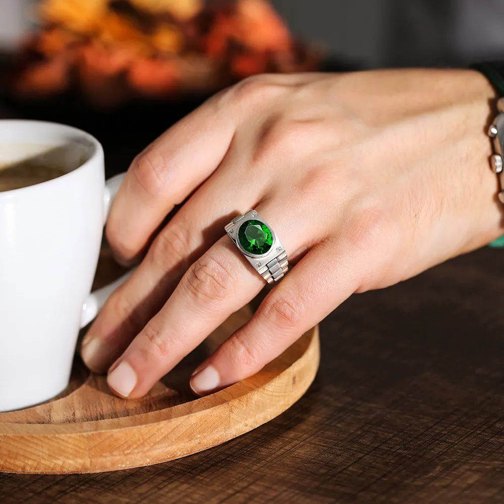 Birthstone Ring for Man Green Emerald and DIAMONDS in 10K Gold Anniversary Gift for Husband