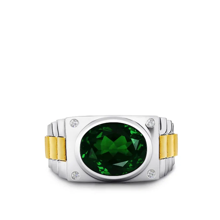 Birthstone Ring for Man Green Emerald and DIAMONDS in 10K Gold Anniversary Gift for Husband