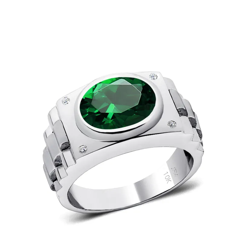 Birthstone Ring for Man Green Emerald and DIAMONDS in 10K Gold Anniversary Gift for Husband