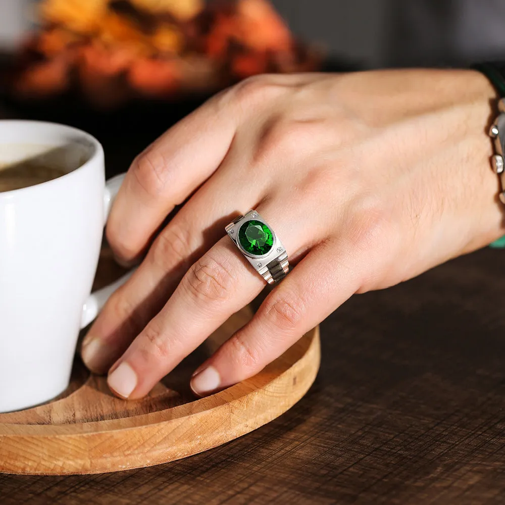 Birthstone Ring for Man Green Emerald and DIAMONDS in 10K Gold Anniversary Gift for Husband