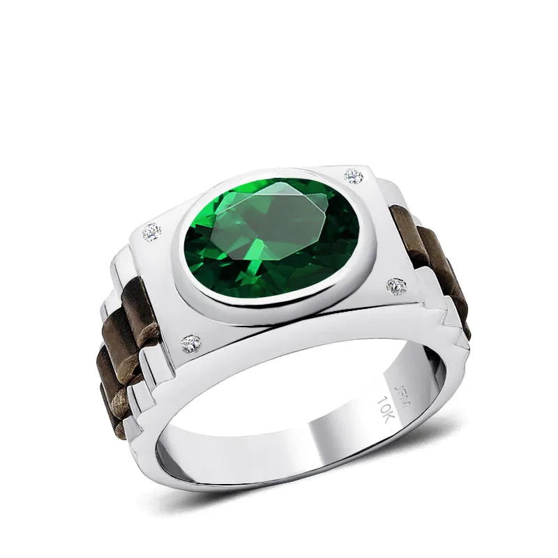 Birthstone Ring for Man Green Emerald and DIAMONDS in 10K Gold Anniversary Gift for Husband