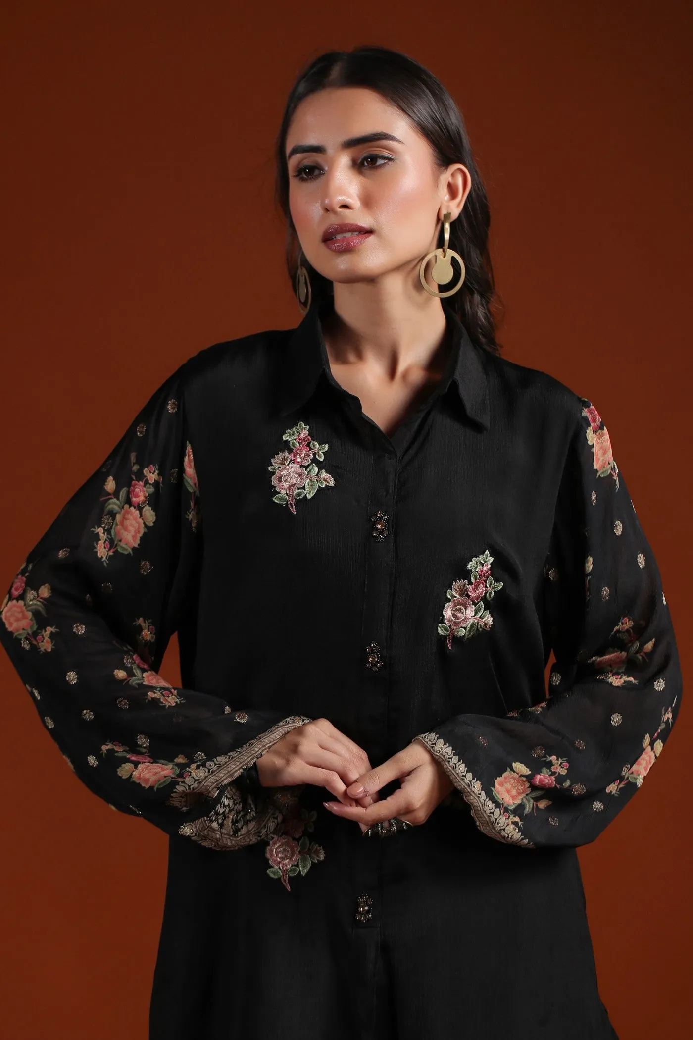 Black Floral Chinon Silk Co-ord Set