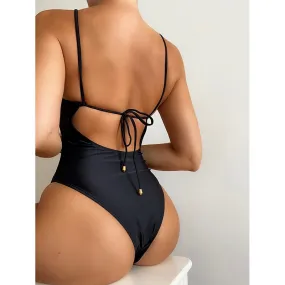 Black Open Back One Piece Swimsuit