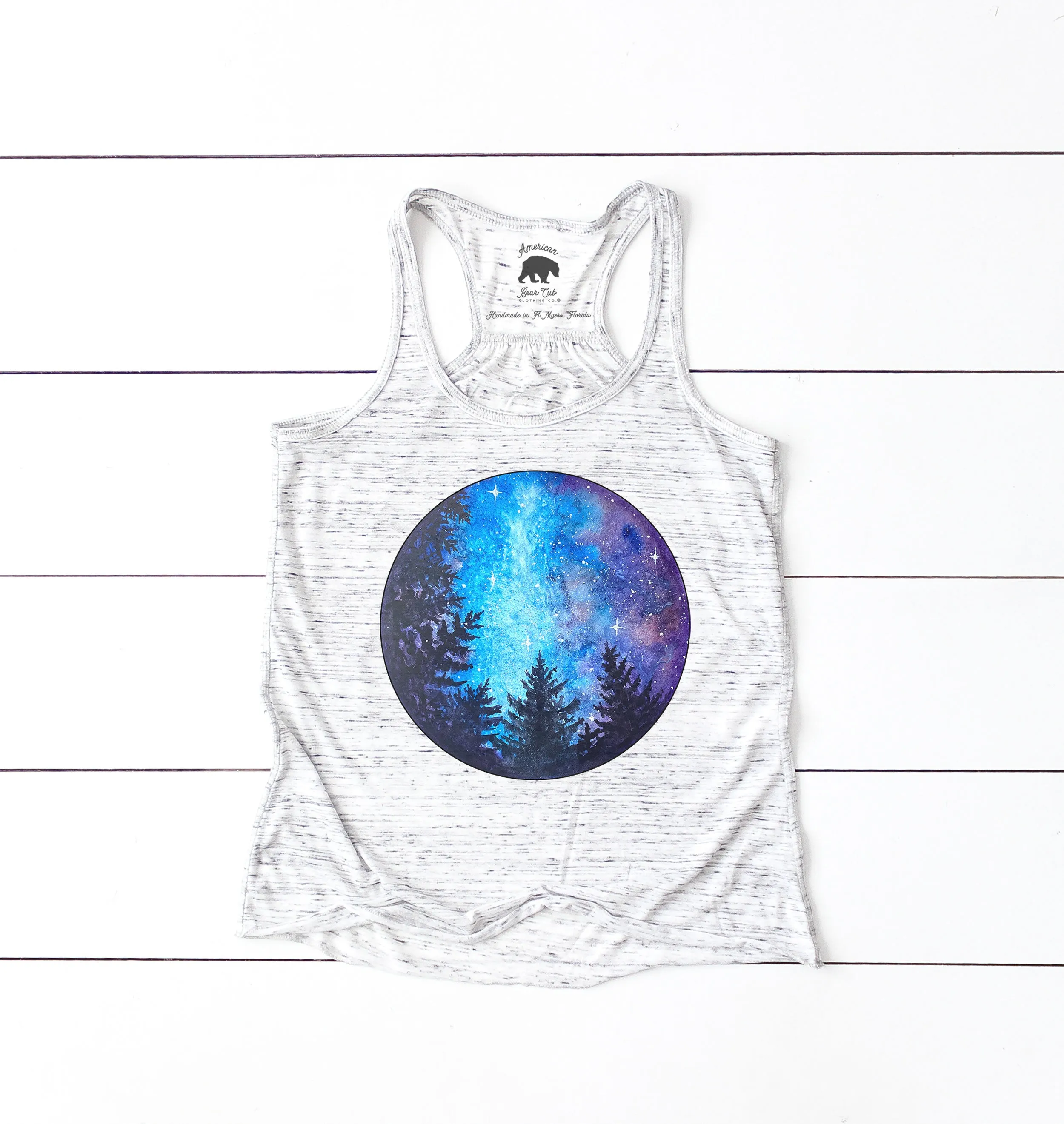 Blue and Purple Watercolor Night Sky flowy racerback tank top