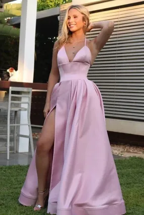 Blush Pink Evening Gown with Elegant Spaghetti Straps and Daring Slit