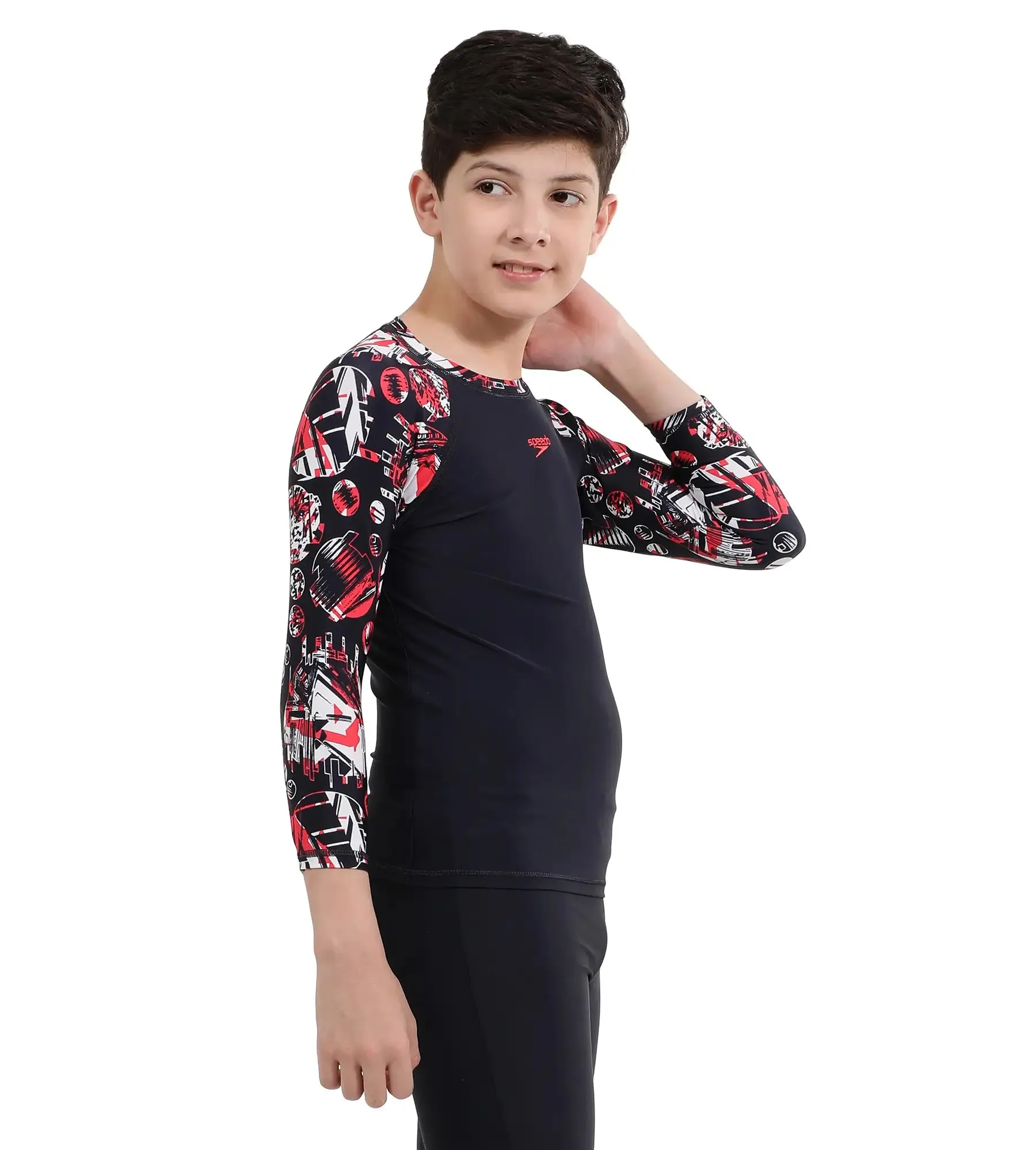 Boy's Endurance Glitchamp Long Sleeve Suntop - True Navy & Lava Red