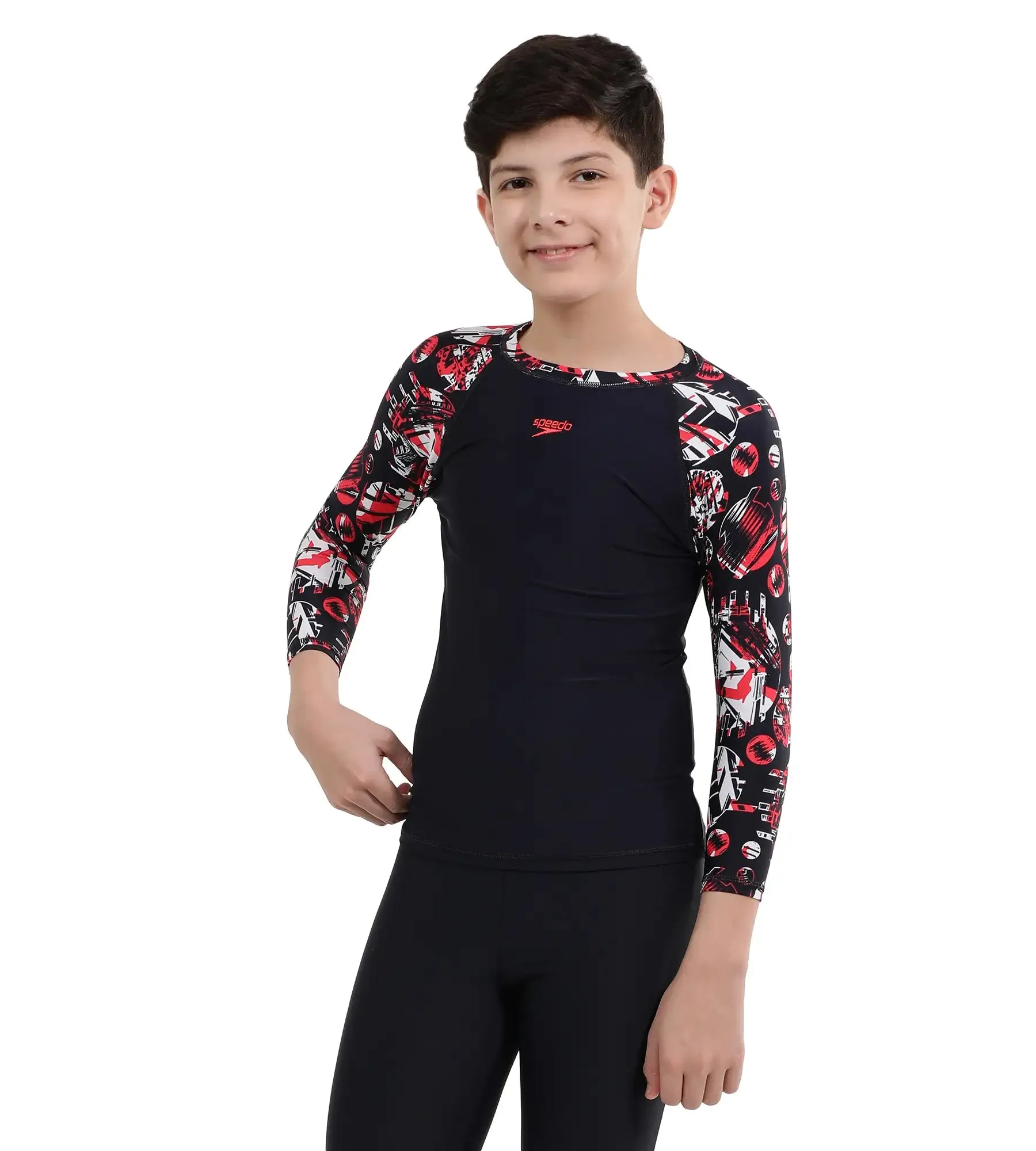 Boy's Endurance Glitchamp Long Sleeve Suntop - True Navy & Lava Red