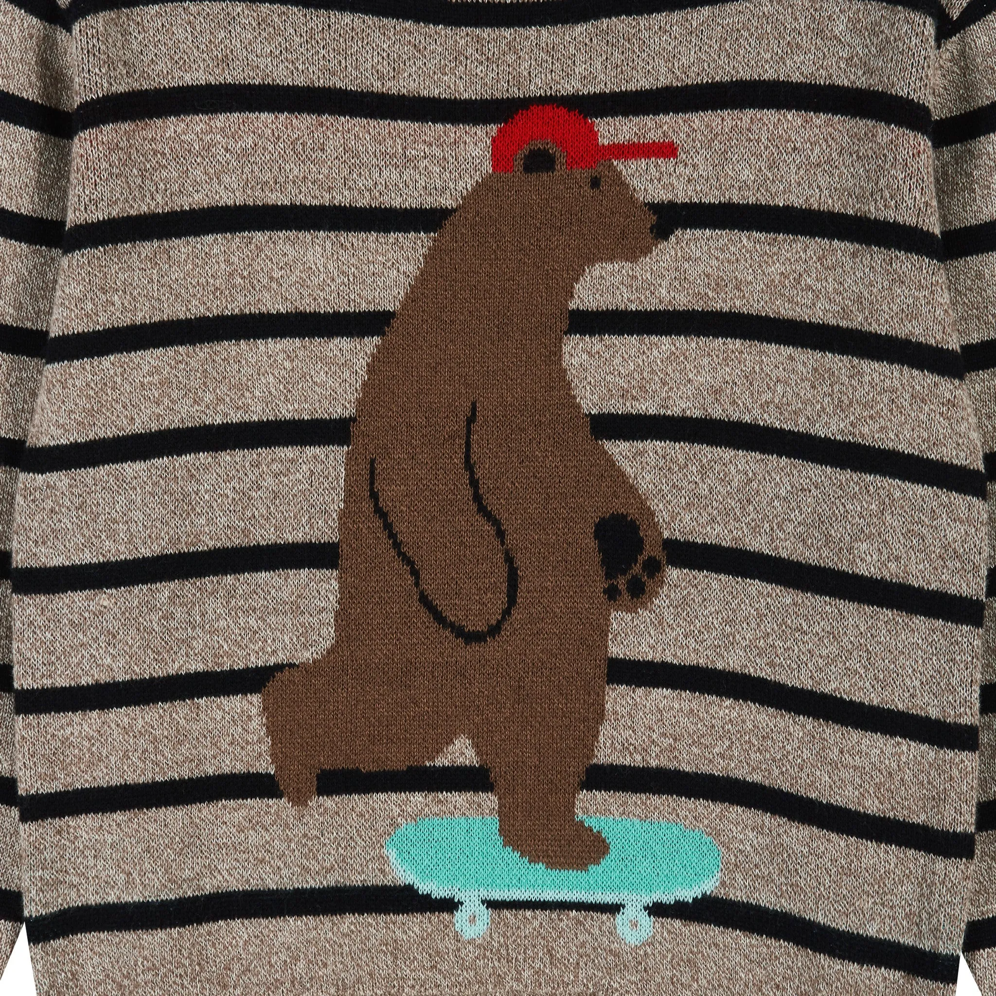 Brown Striped Skateboarding Bear Graphic Pullover Sweater  | Brown