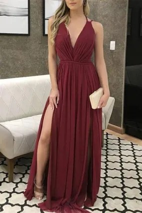 Burgundy Chiffon Prom Dress With V-Neck and Slit