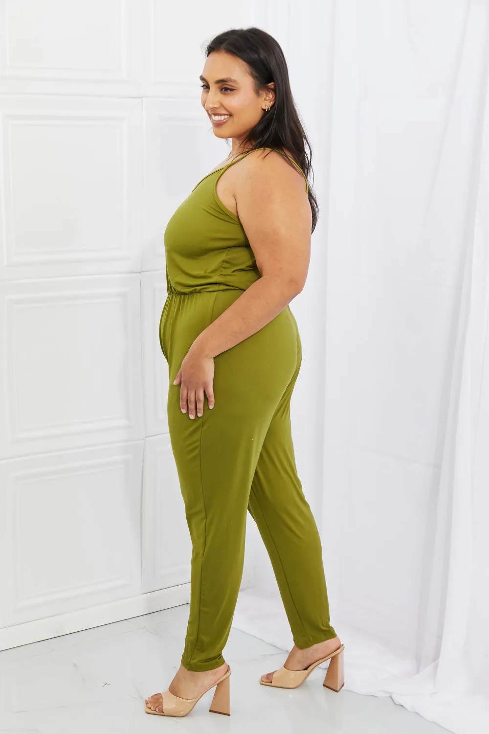 Capella Comfy Casual Plus Size Solid Elastic Waistband Jumpsuit in Chartreuse