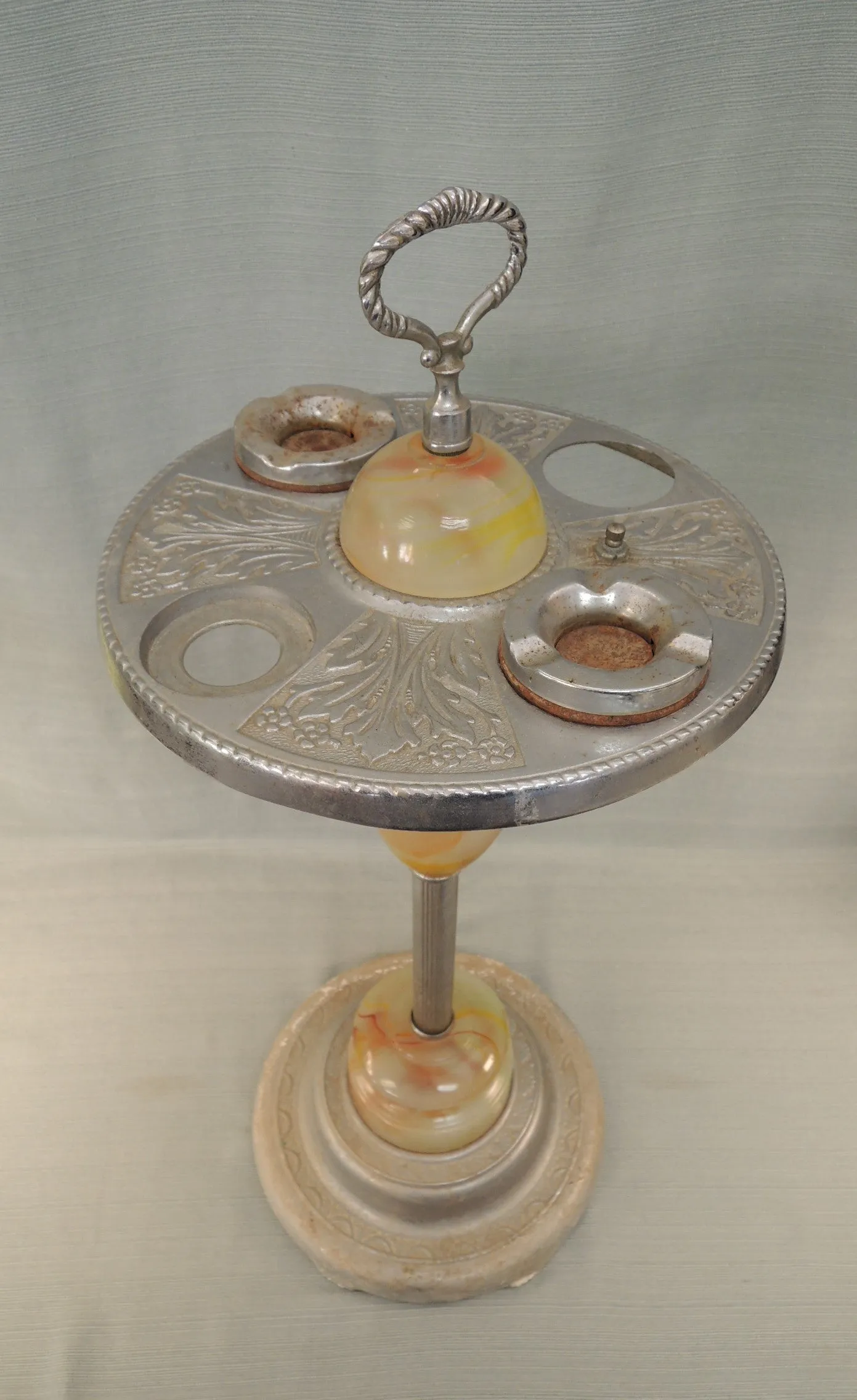 Cast Aluminum and Slag Glass Smoking Stand - Vintage Condition