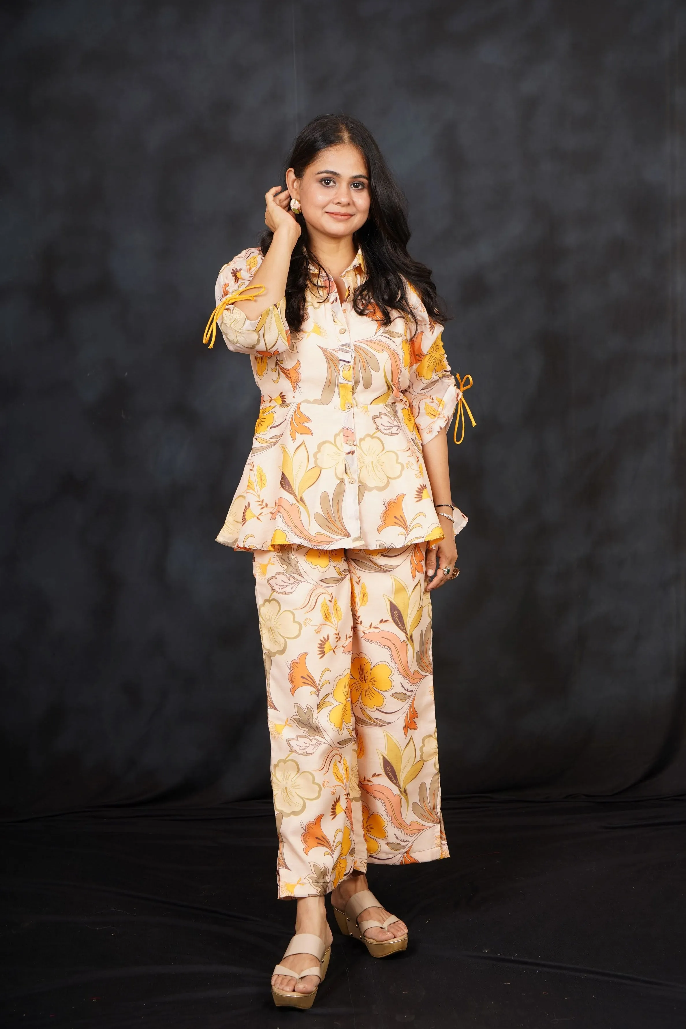 Champagne Peach Floral Printed Chanderi Silk Co-Ord Set