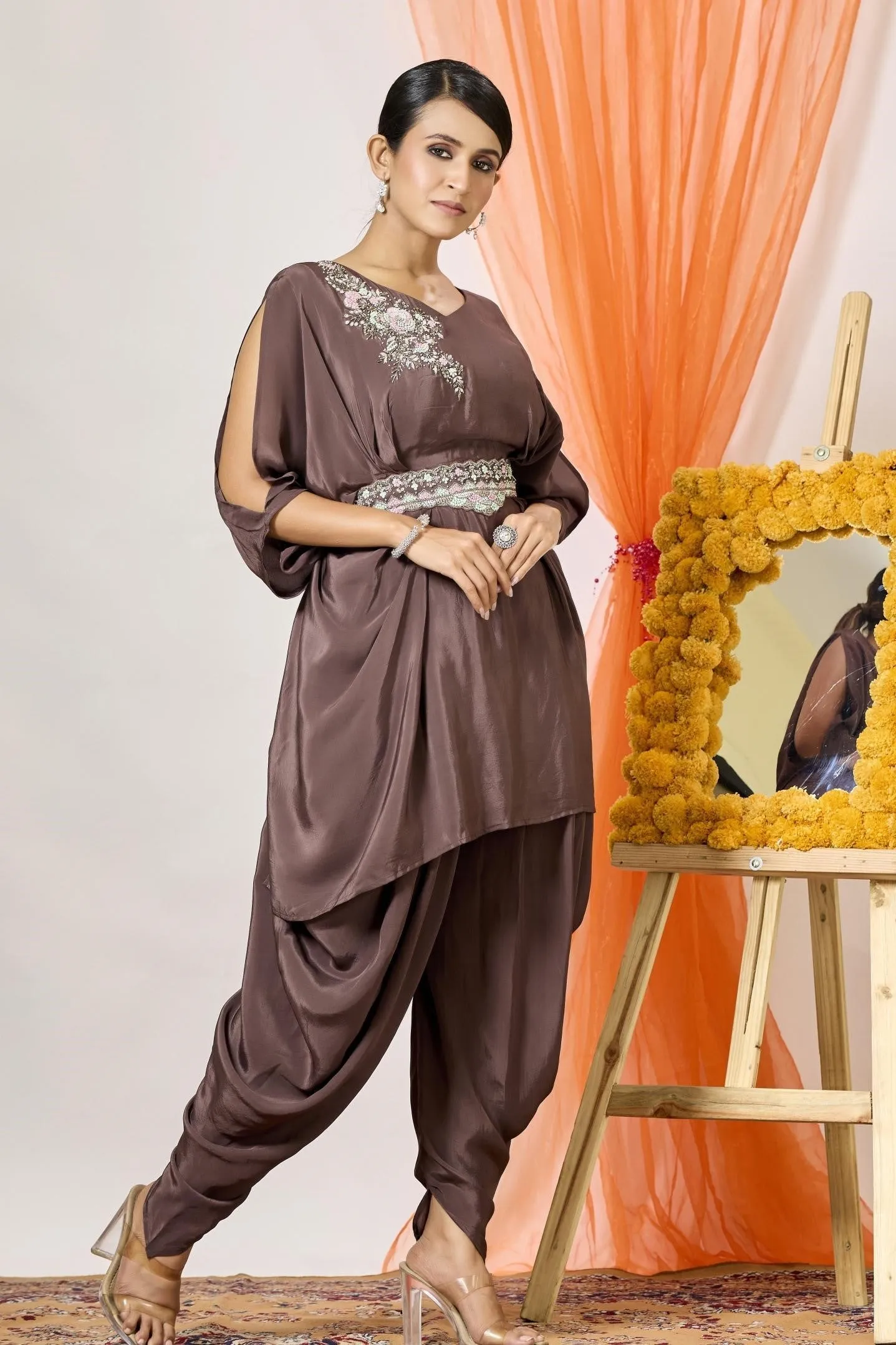 Classic Brown Embellished Crepe Silk Tunic & Dhoti Set