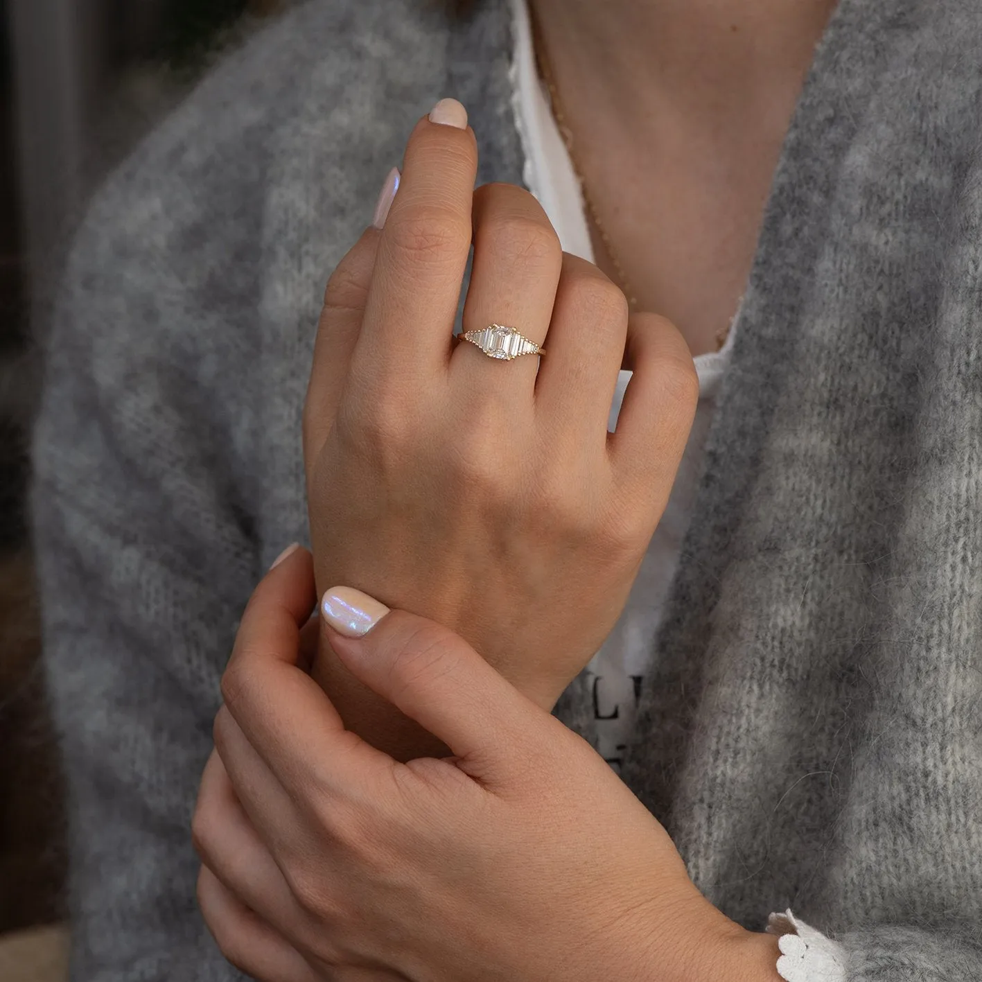 Classic Emerald Cut Engagement Ring with Tapered Needle Baguette Diamonds