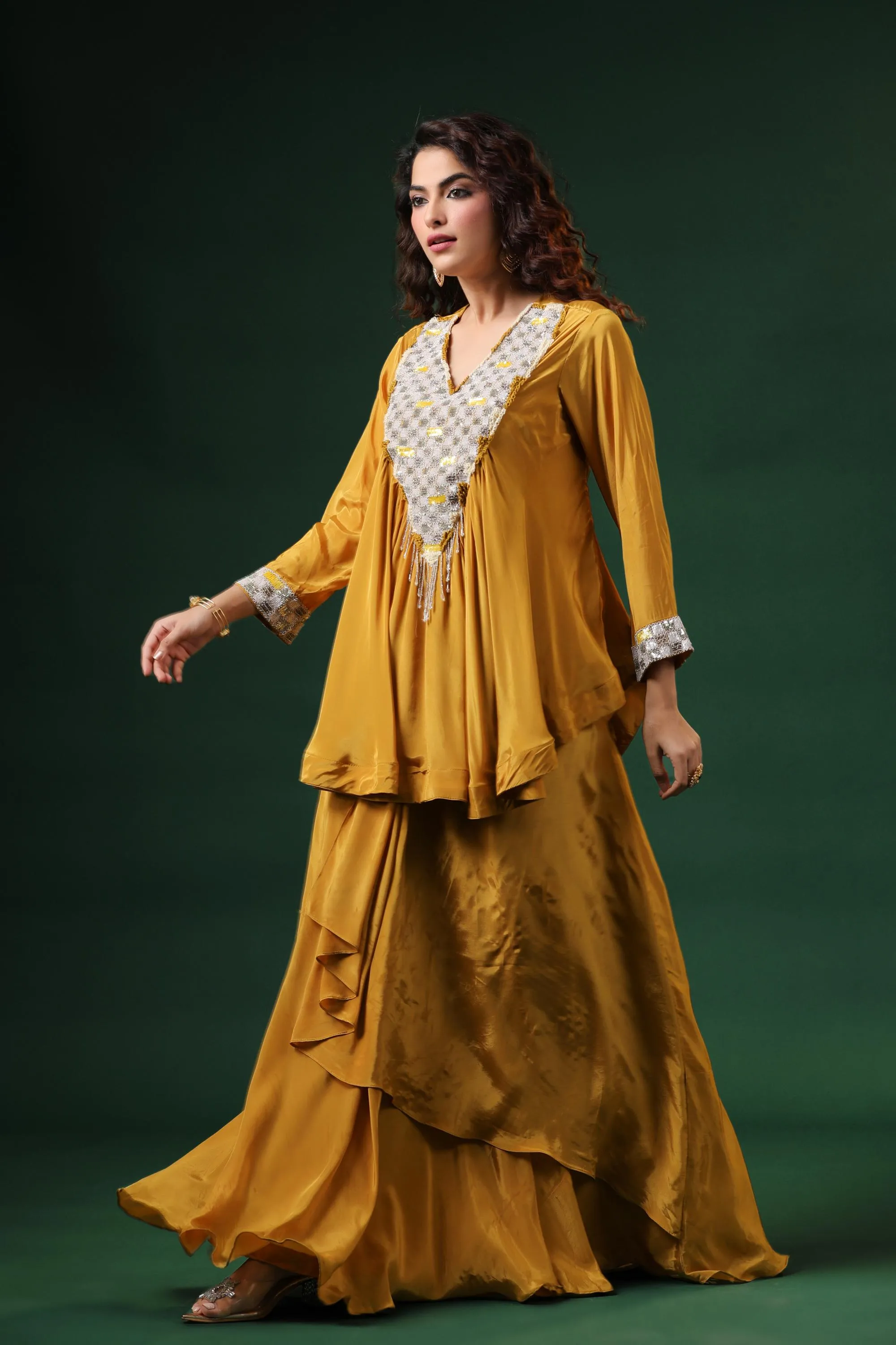 Classic Yellow Embroidered Habutai Silk Skirt Set