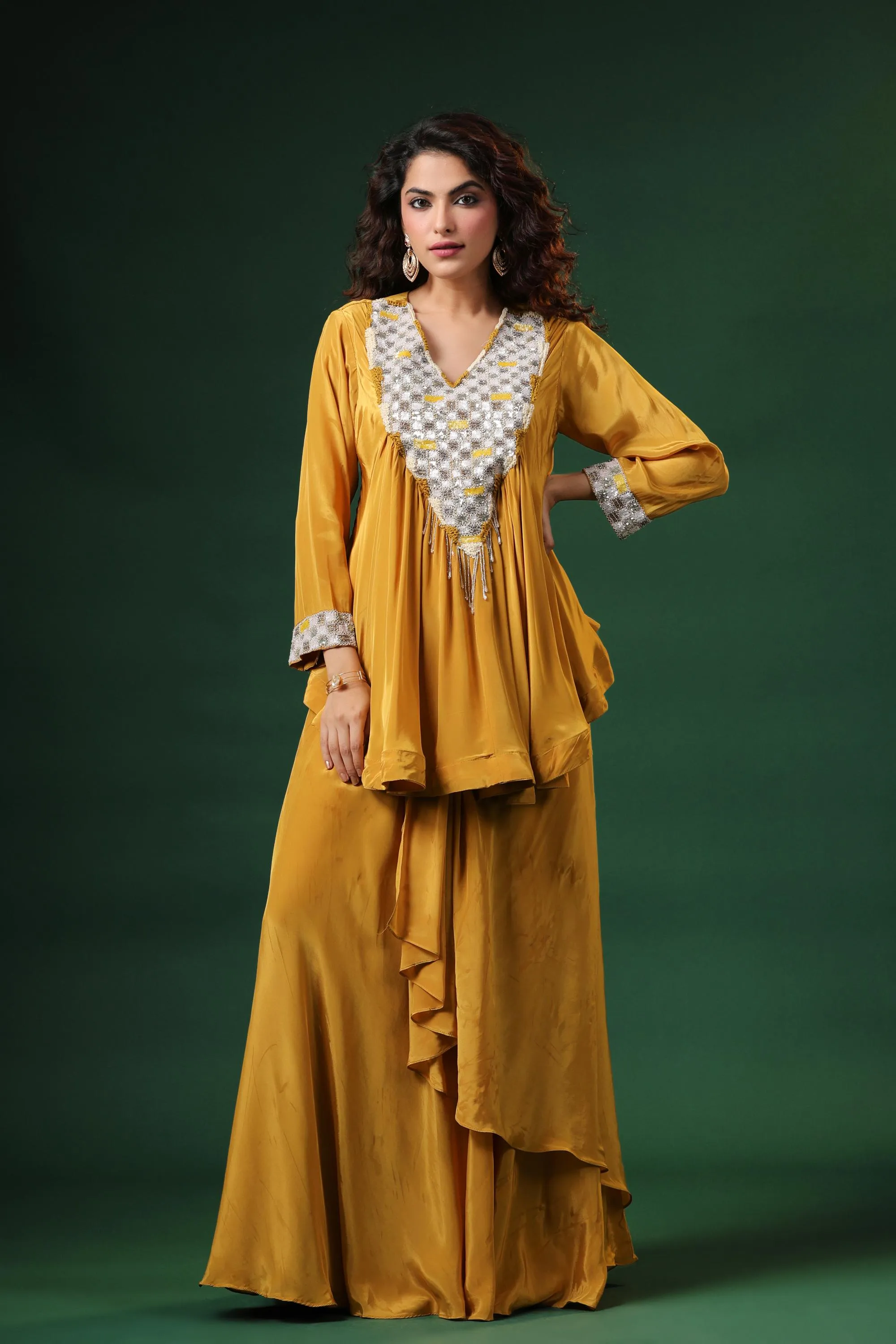 Classic Yellow Embroidered Habutai Silk Skirt Set