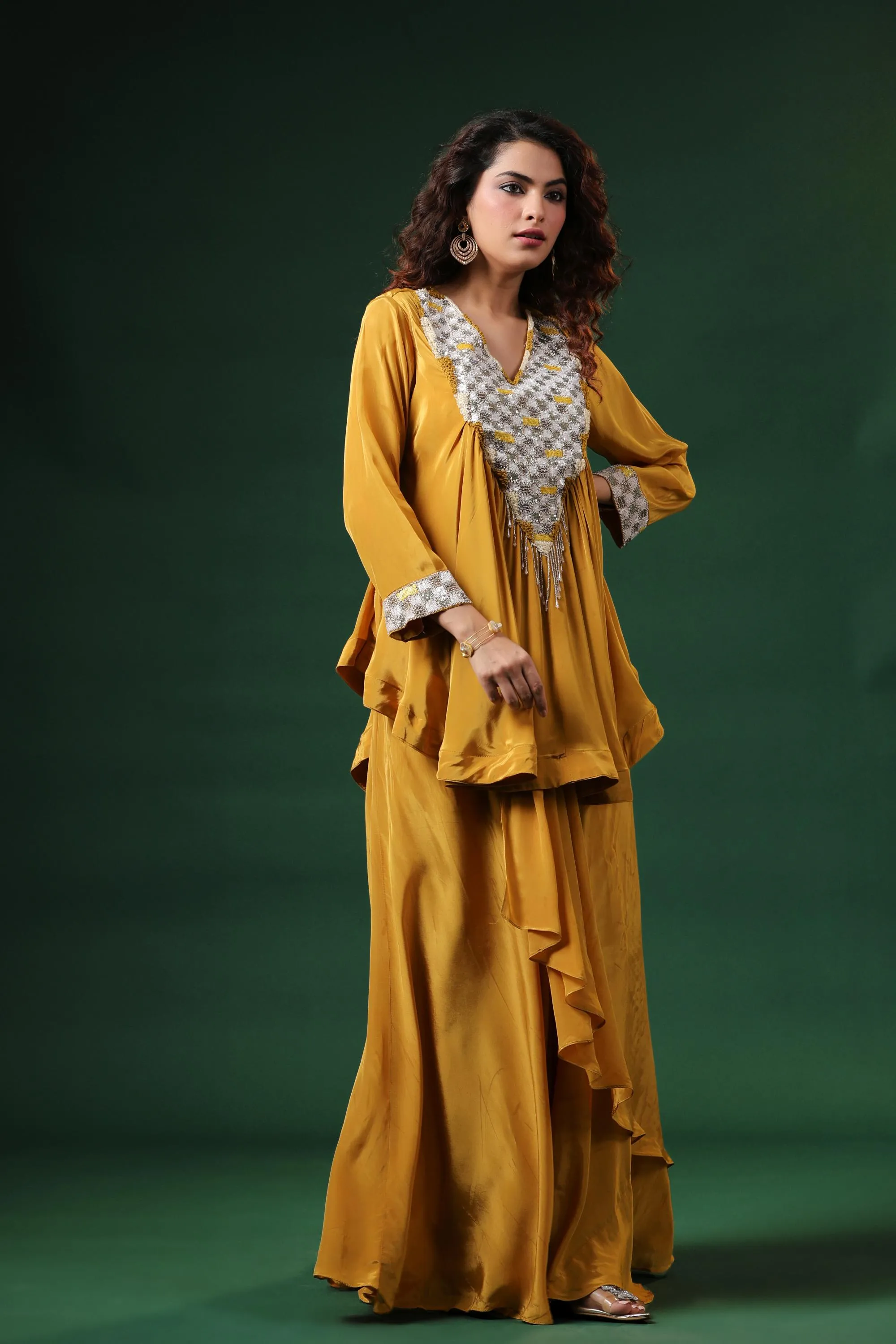 Classic Yellow Embroidered Habutai Silk Skirt Set